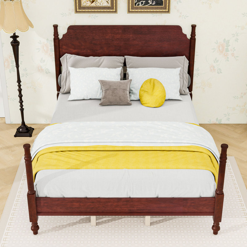 Lit plateforme en bois avec tête de lit et pieds centraux, Queen, Noyer foncé