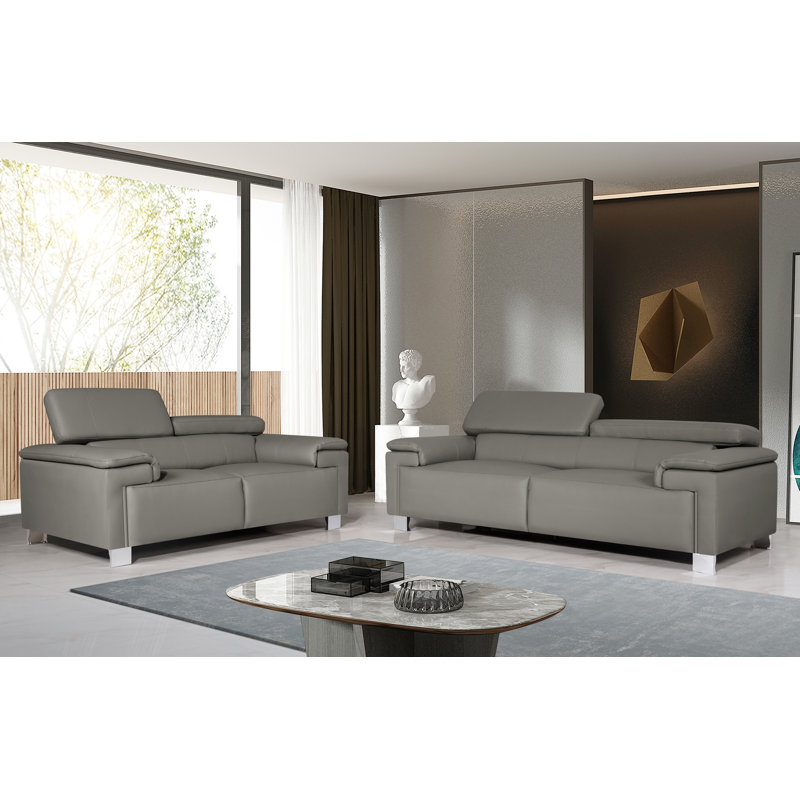Chavely Genuine Leather Pillow Top Arm Sofa, Grey, 2