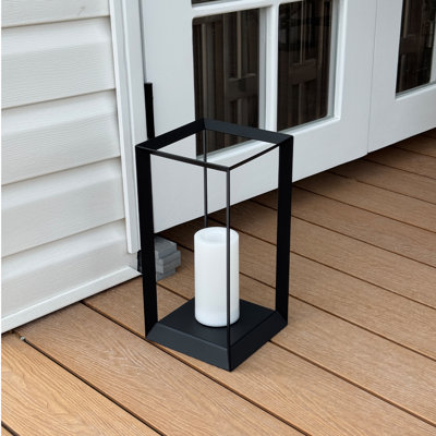 H14 Inch Modern Minimalist Open Frame Solar Lantern With Led Candle Black Geometric Decorative Lantern For Indoor Outdoor Table Patio Decor