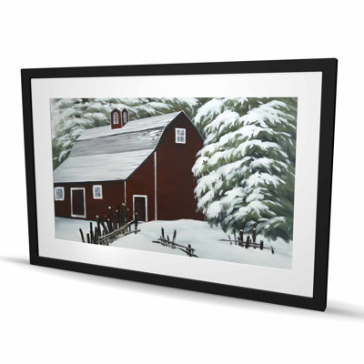 Red Barn in Snow - Rustic Matted Print for Home Decor