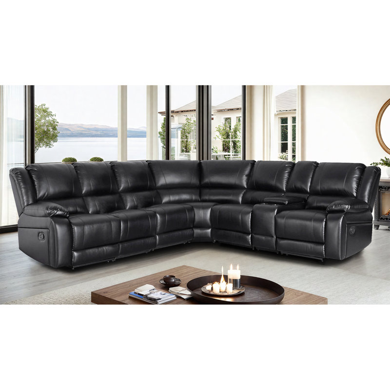 Lasceau 119" × 109" Faux Leather Manual Reclining Corner Sectional Couch with Storage and Cup Holder, Black Faux Leather