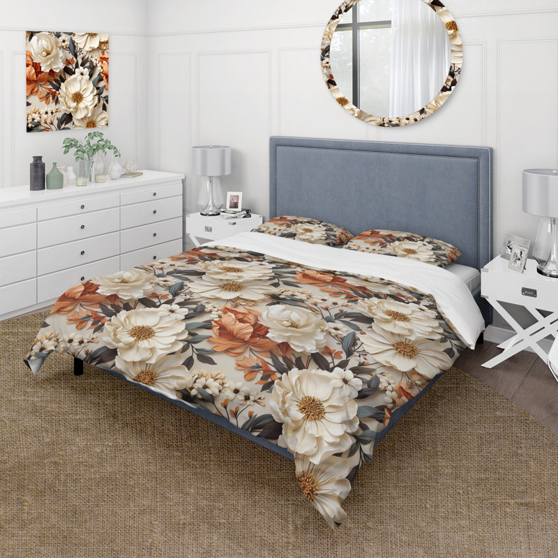Boho Earthy Blooms Poppies Bloom Floral Duvet Cover, King Duvet Cover + 2 King Shams