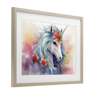 «Magical Unicorn with Blossoms», reproduction encadrée sous verre, design by Creative Studio