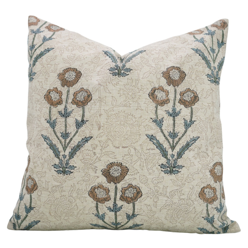 Fabdivine Throw Pillow Cover 20x20 Inch Handmade Block Print Cushion-Sun Flower, Brown Block Print/Floral 1, Square 20"