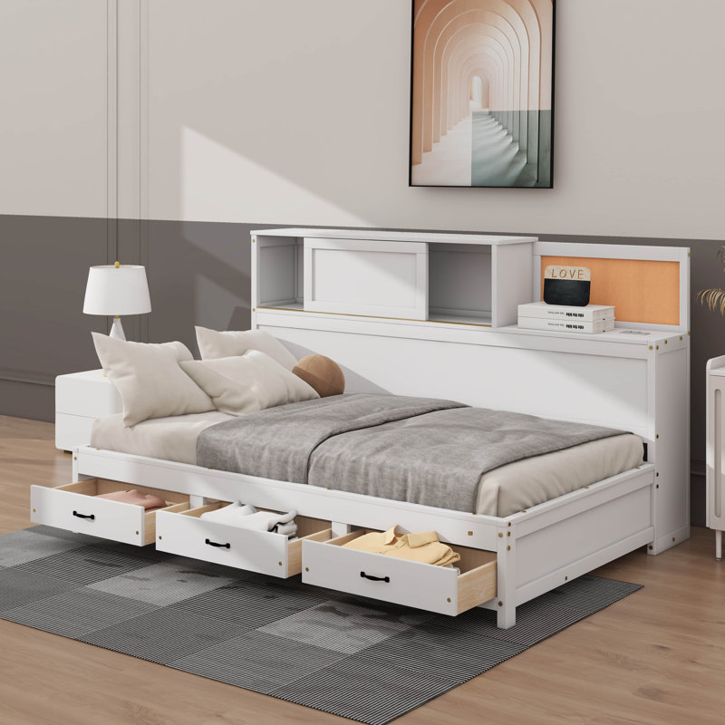 Lit de jour simple avec tiroirs, tablette et ports USB