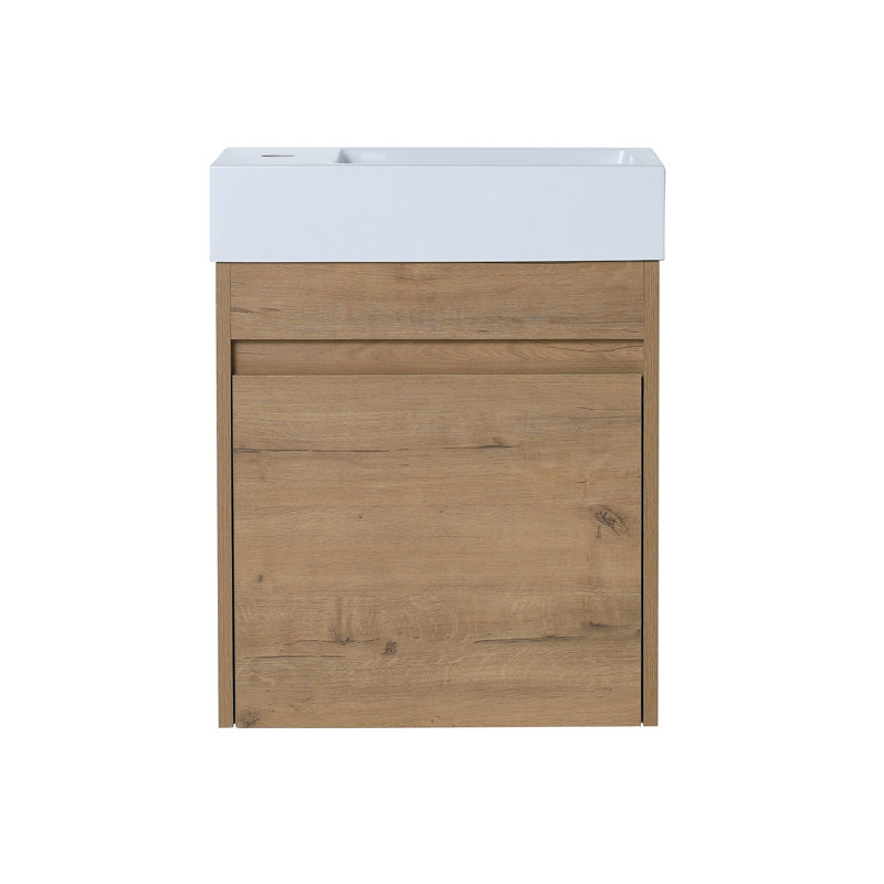 Meuble-lavabo mural avec lavabo simple en résine blanche et porte d'armoire à fermeture en douceur, Naturel
