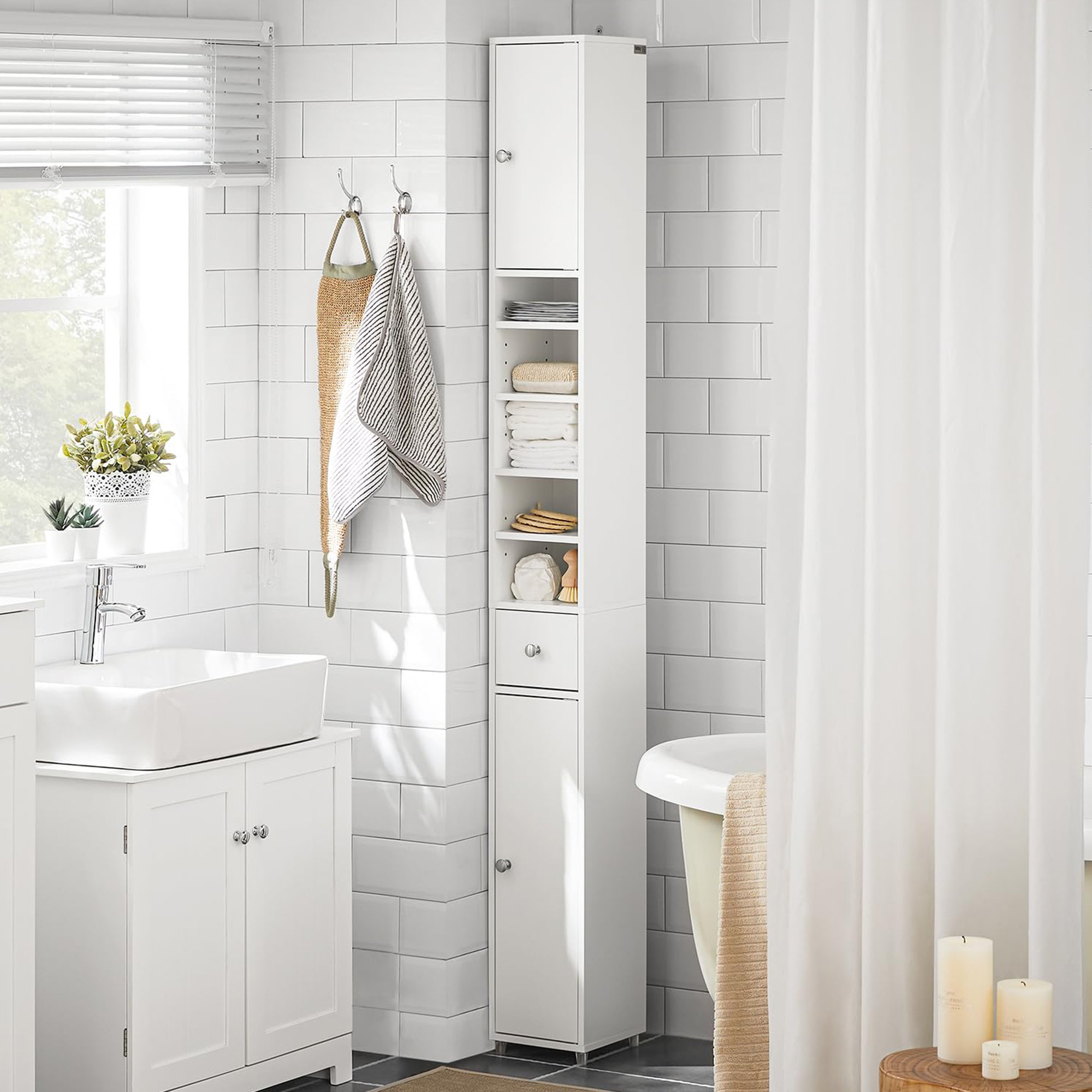 Latitude Run® Natural Bathroom High Cabinet With 1 Drawer, 2 Doors And ...