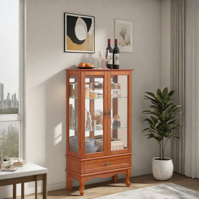 Vitrine lumineuse en verre avec 2 portes en verre, tablettes réglables en verre, 1 tiroir et lumière DEL, Chêne