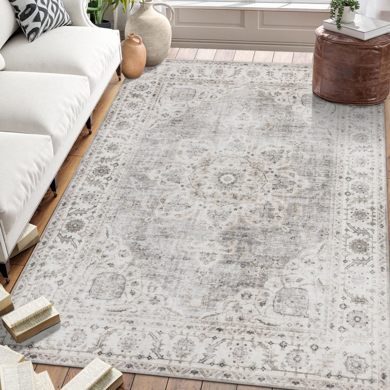 Lefkothea Joy Vintage Machine Washable Area Rug, Rectangle 3' x 5', Beige Ivory