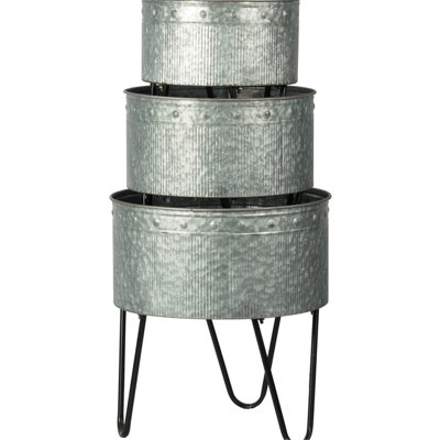 Three - Piece Galvanized Metal Pots For Industrial Style Container Garden, Small Medium Large, Finish, Black Hairpin Legs, 7.5 Lbs, Assembly Needed Pot Of 3 Beautiful Progressive Sizing,