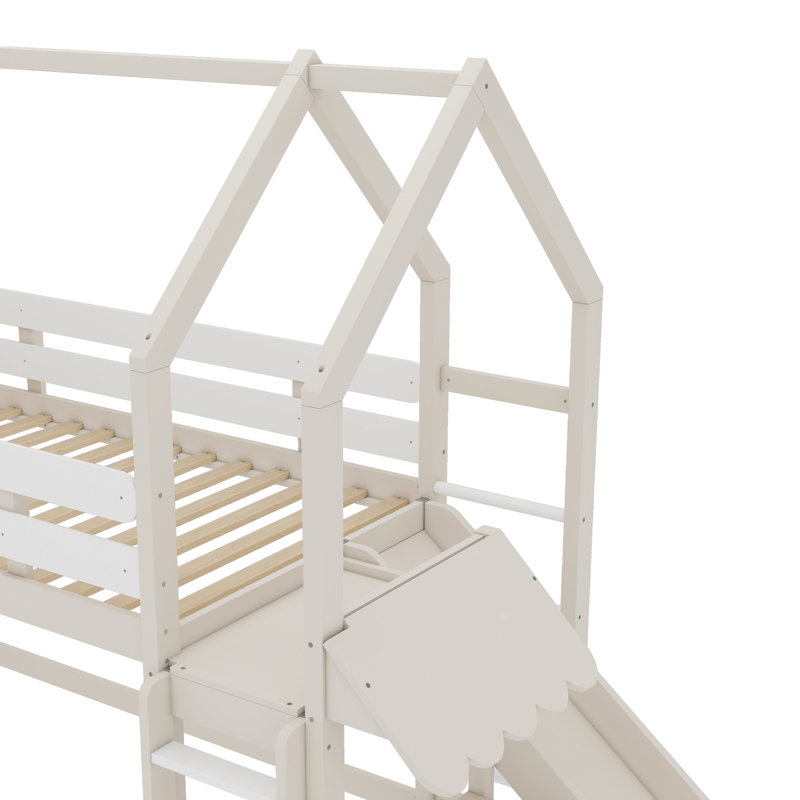 Lit mezzanine simple avec bibliothèque Design ludique pour enfants Structure en forme de maison avec glissières de sécurité de haute qualité, beige