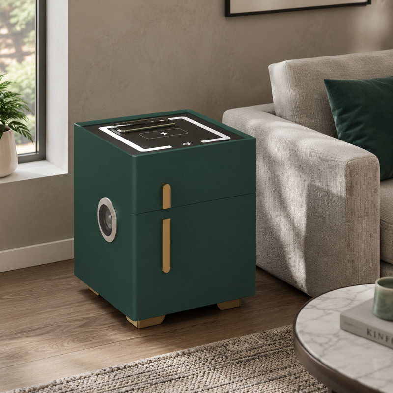 Table de chevet moderne et élégante de 53 cm de haut en pin massif, revêtue de cuir microfibre, disponible en 7 couleurs, avec serrure à code, chargement sans fil, port USB, éclairage tricolore et haut-parleur Bluetooth.