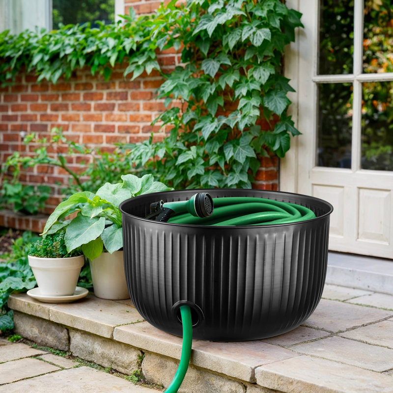 Porte-boyau d'arrosage en métal gaufré à la main avec couvercle, noir, Noir