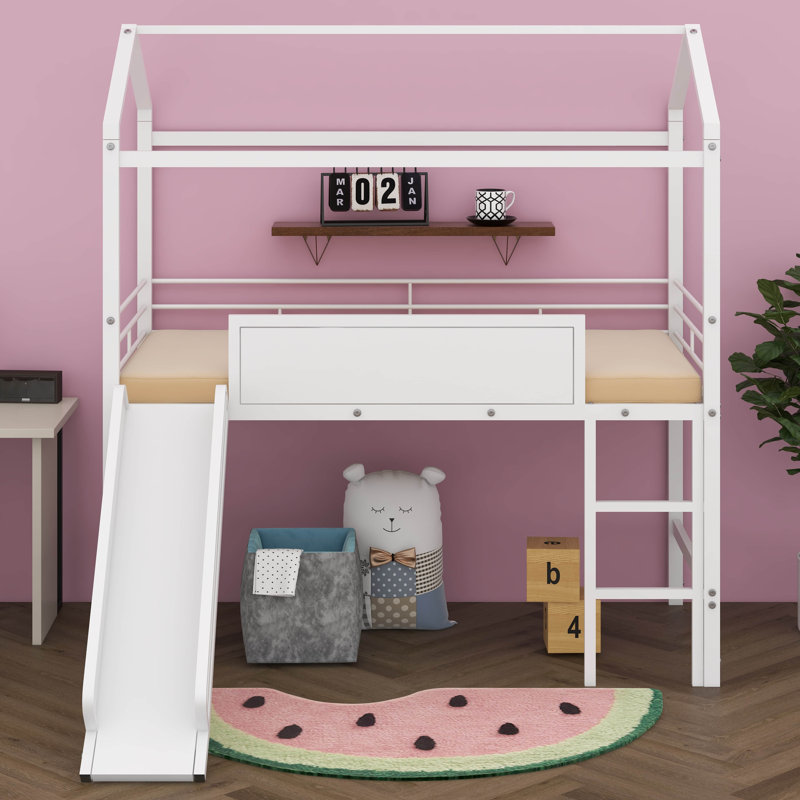 Twin Size Metal Loft Bed With Slide And Two-Sided Writable Wooden Board, Metal House Bed With Guardrail And Ladder, White