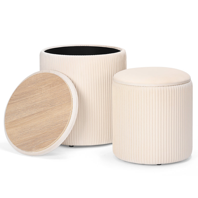 Ensemble de 2 tabourets de pieds ronds avec commode en velours pour table d'appoint rembourrée moderne, Crème, crème