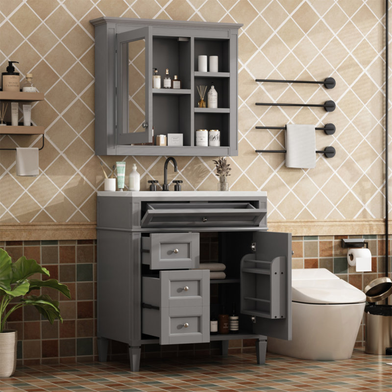 Meuble-lavabo moderne de 30 po avec lavabo supérieur, 2 tiroirs, tiroir basculant et armoire à miroir pour un rangement efficace