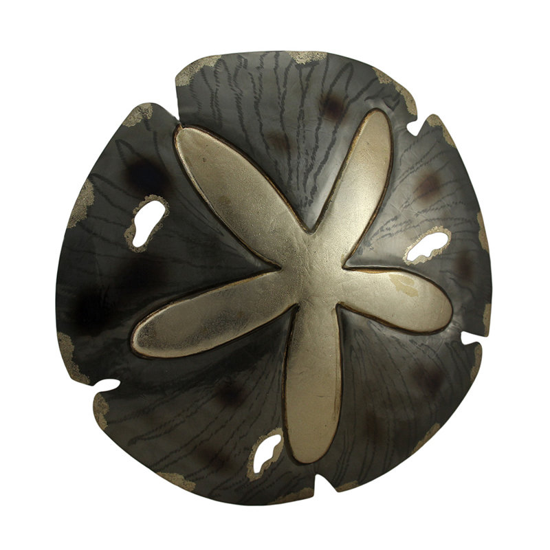 Sculpture murale côtière en dollars de sable en métal avec finition champagne dorée brillante d'aspect humide - 14,5 po de diamètre x 2 po d'épaisseur