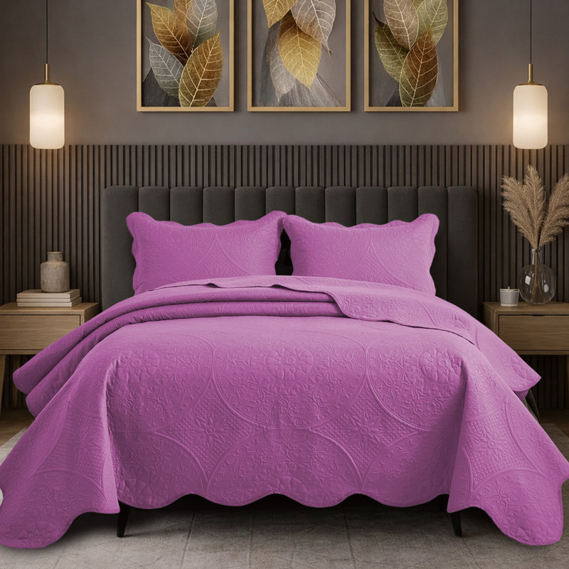 Floral Embossed Quilt Set, Purple, California King Bedspread + 2 Standard Shams