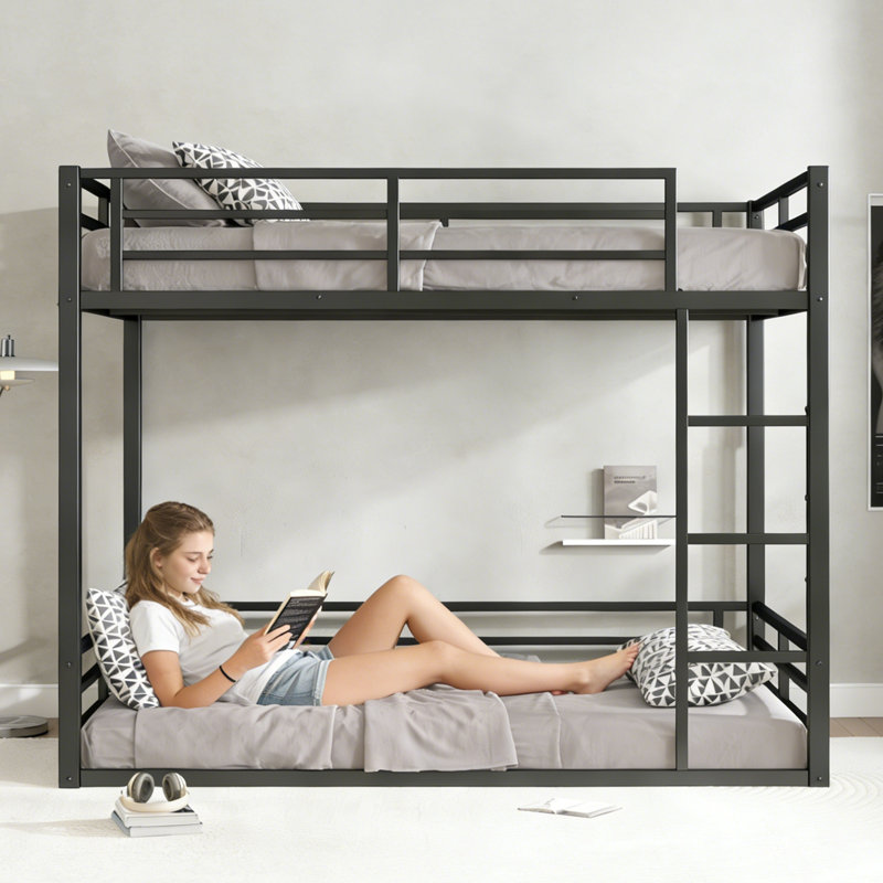 Heavy-Duty Metal Bunk Bed with Noise-Reduced Design, Queen over Queen, Black, Queen Over Queen