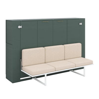 Murphy bed with sofa and storage shelves anchors a modern, versatile living space