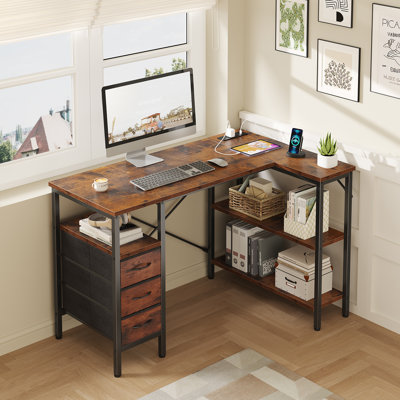 47 Inch L Shaped Office Desk with Power Outlets, 3 Drawers, Shelves for Gaming, Corner Work, Home Office, Study