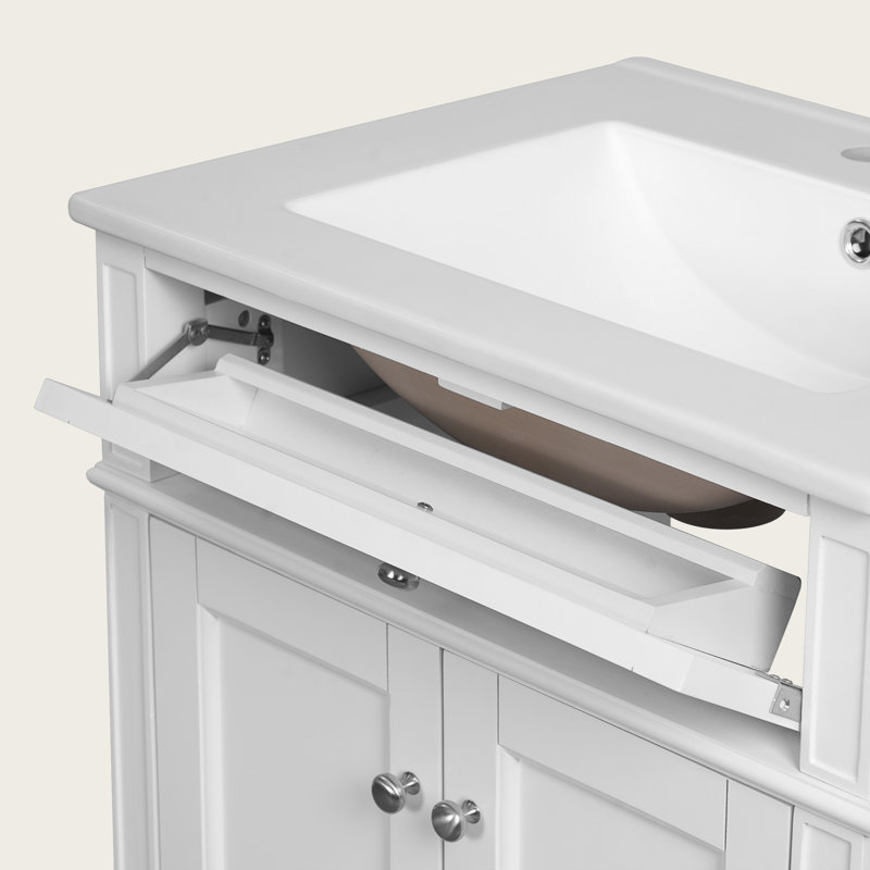 Meuble-lavabo 24 po avec lavabo en céramique, 2 portes à fermeture en douceur, tiroir rabattable, rangement, Argent argent
