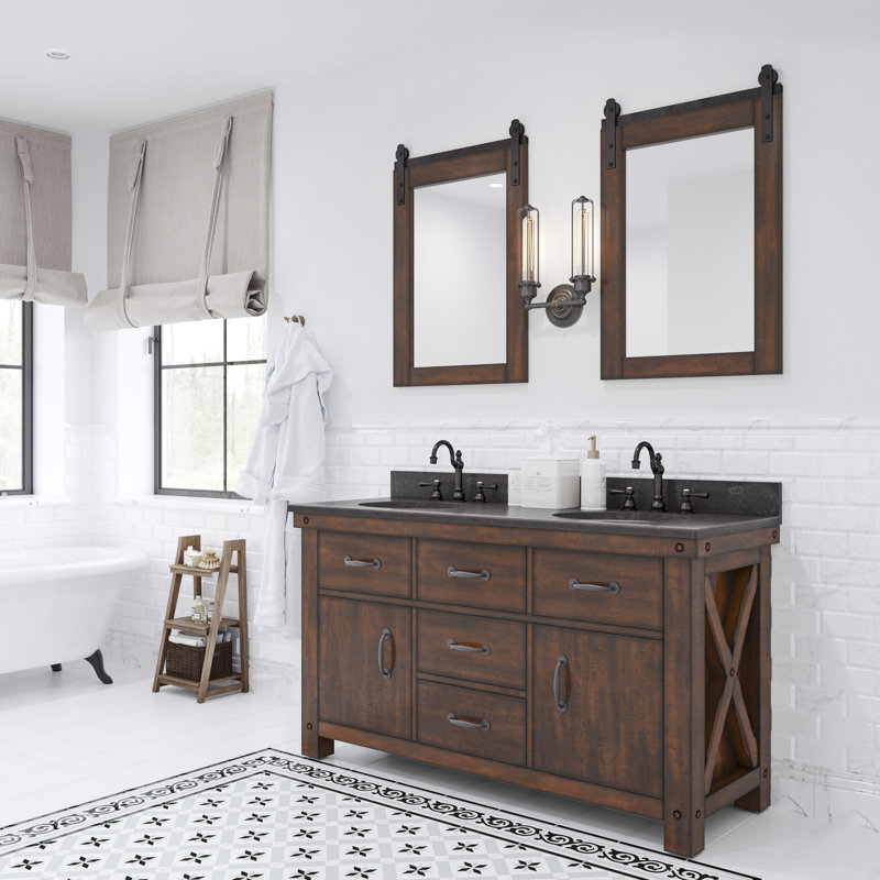 Aberdeen 60 In. Double Sink Carrara White Marble Countertop Vanity In Grizzle Gray With Mirrors, Carrara White, Rustic Sierra