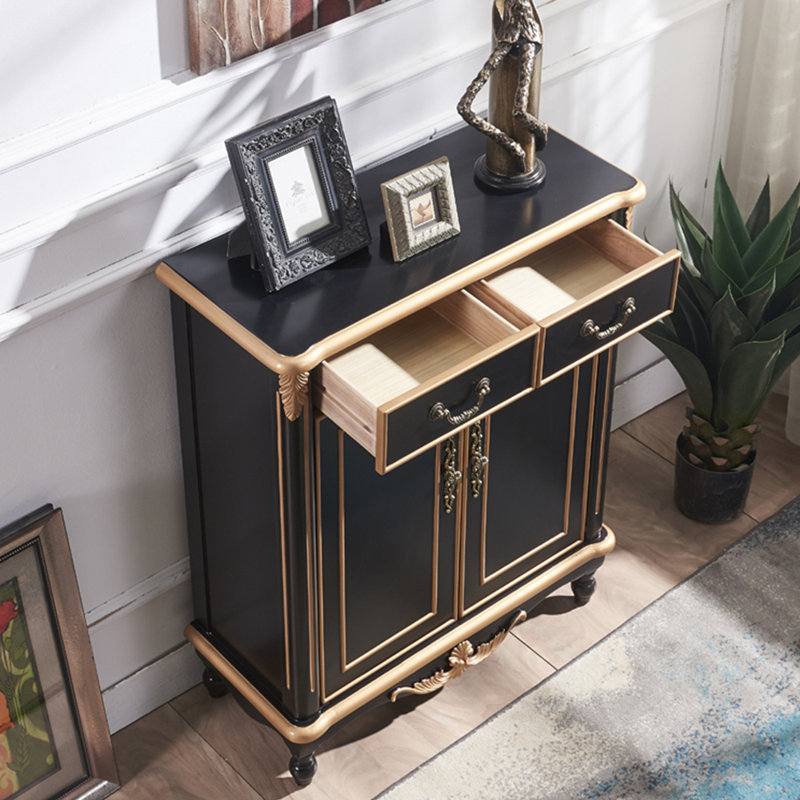 Fine Carved Art Solid Wood Storage Cabinet Solid Wood Accent Cabinet, Black