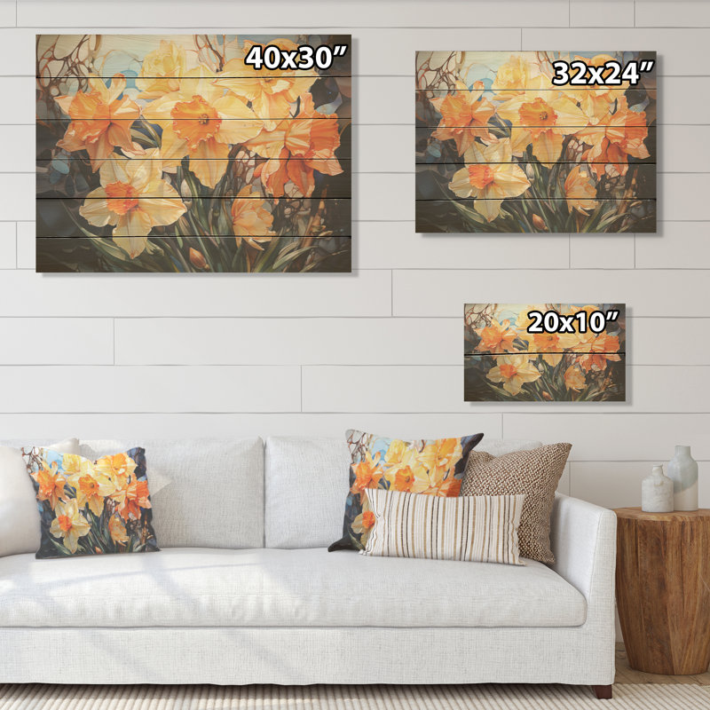 Efflorescence de jonquilles orange - Art mural en bois jonquilles sur bois de pin naturel, H 24 po x l 32 po
