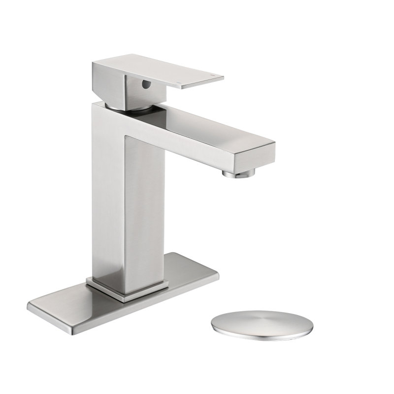 Robinet de salle de bain à un trou, robinet à poignée simple en acier inoxydable pour lavabo de salle de bain avec plaque de pont et ensemble de drain