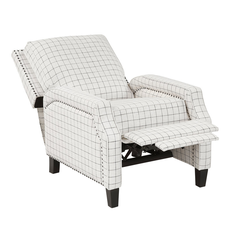 Fauteuil à mouvement automatique, sens de la mode transitionnel, motif écossais noir, base en bois massif, rembourrage en mousse sur les ressorts ensachés, coussins de dossier et de siège attachés, pieds exposés, conception à pression, charge de 300 lb,