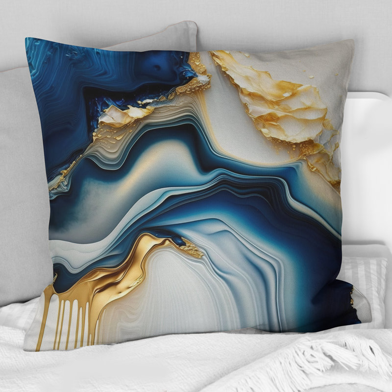 Abstract Geode Gold And Blue Marble II - Abstract Marble Printed Pillow, 18" x 18"