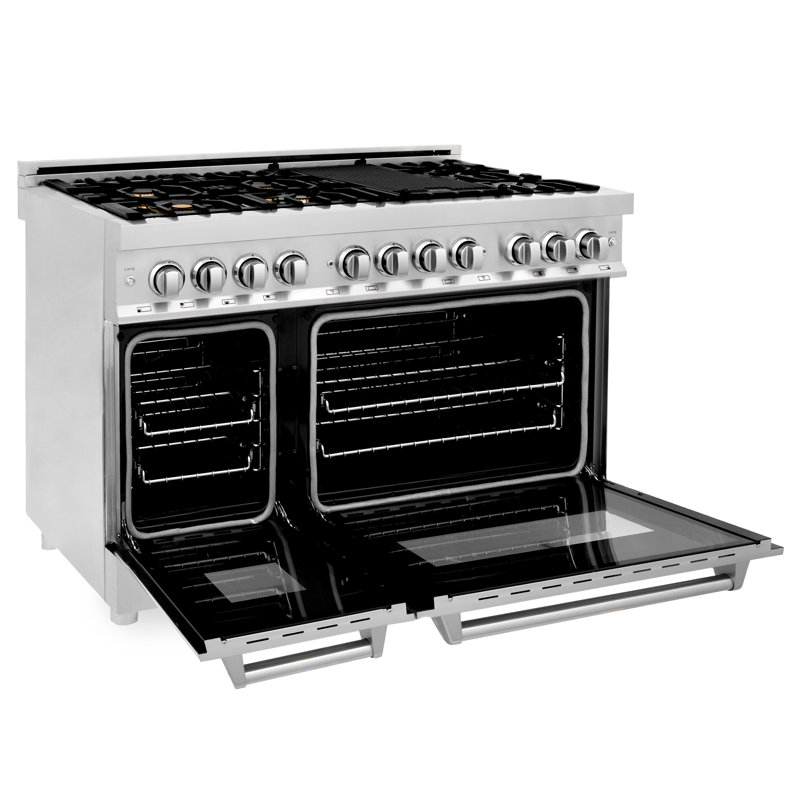 ZLINE 48 in. 6.0 cu. ft. Legacy Dual Fuel Range with 7 Burner Gas Cooktop and 2 Electric Ovens, Brass Burners Stainless Steel