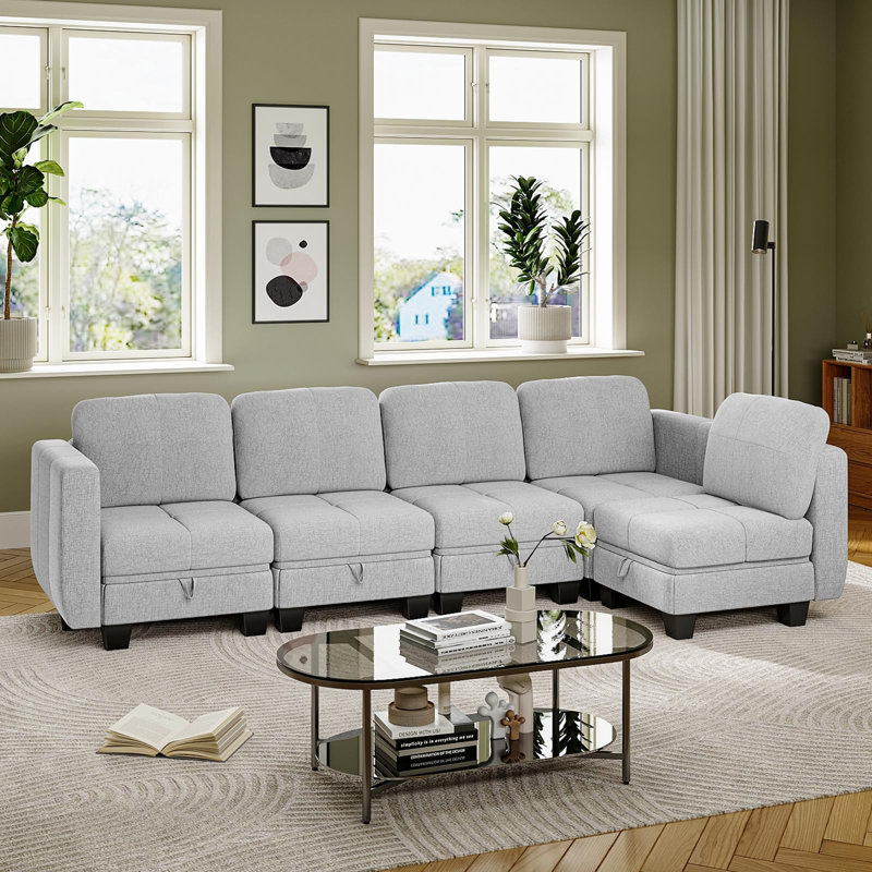 Fabric Corner Sectional, Light Grey, 5, 6
