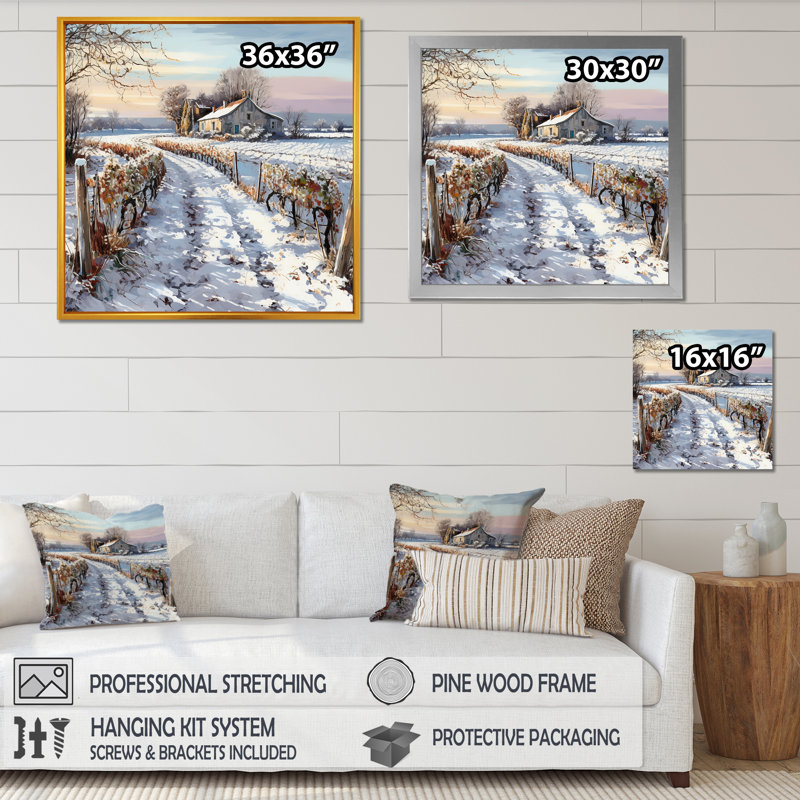 «Vineyard Winter Scenery» sur toile, Cadre simple blanc, H 24 po x l 24 po x P 1 po