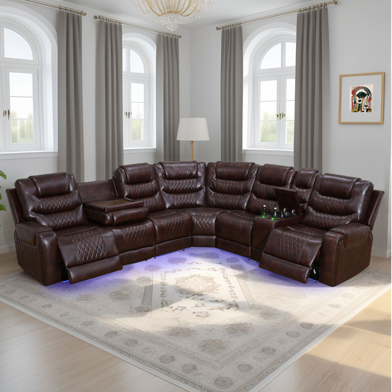 Ensemble de canapé inclinable de salon en cuir 3 pièces Maggen, rouge foncé