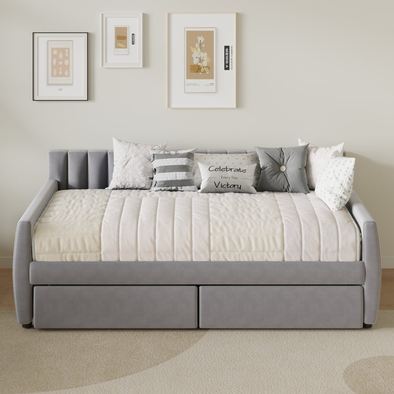 Aghwith Twin Size Upholstered Velvet Daybed with 2 Drawers - Space Maximization, No Box Spring Needed, Gray