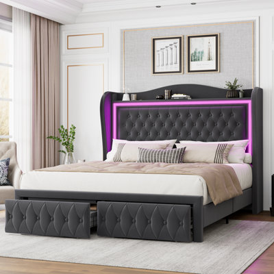 Kaliya Velvet Upholstered Platform Bed with LED Lighting and Storage Drawers 