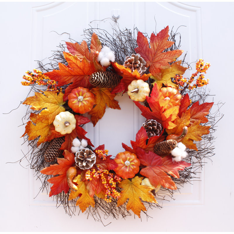 22" Orange Handmade Halloween Pumpkin & Pine Cones Wreath