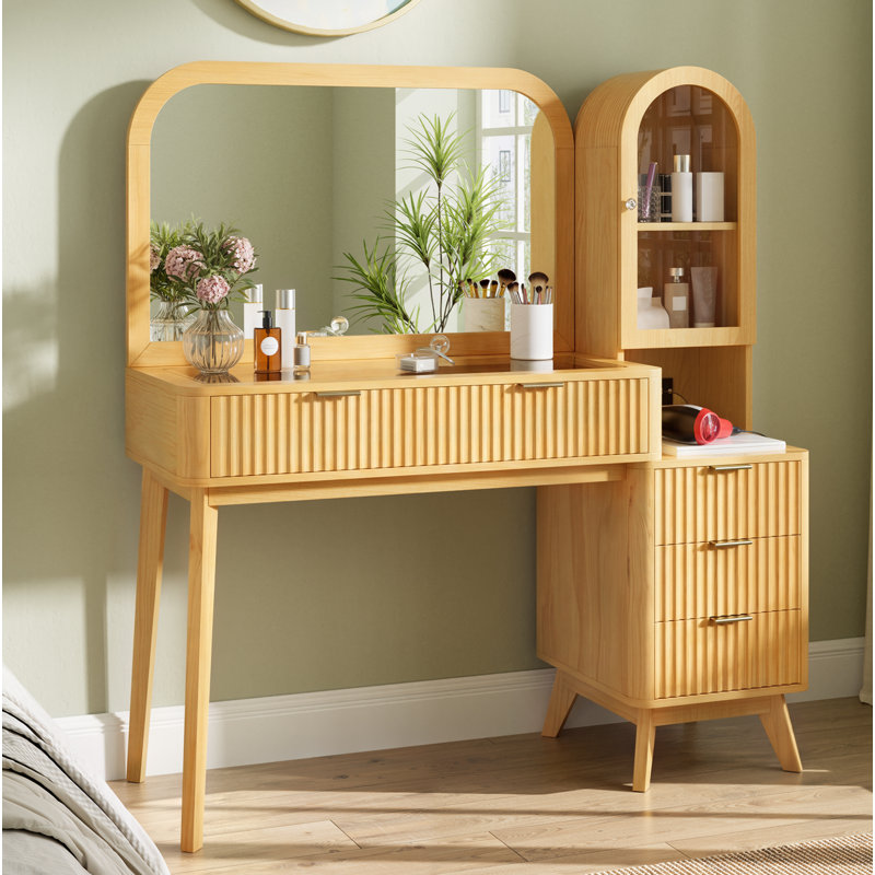 48 po Meuble-lavabo cannelé avec miroir de 32 po, grand meuble-lavabo moderne avec plateau en verre avec 4 tiroirs et armoire de rangement, ensemble de coiffeuse avec station de charge pour chambre à coucher, naturel