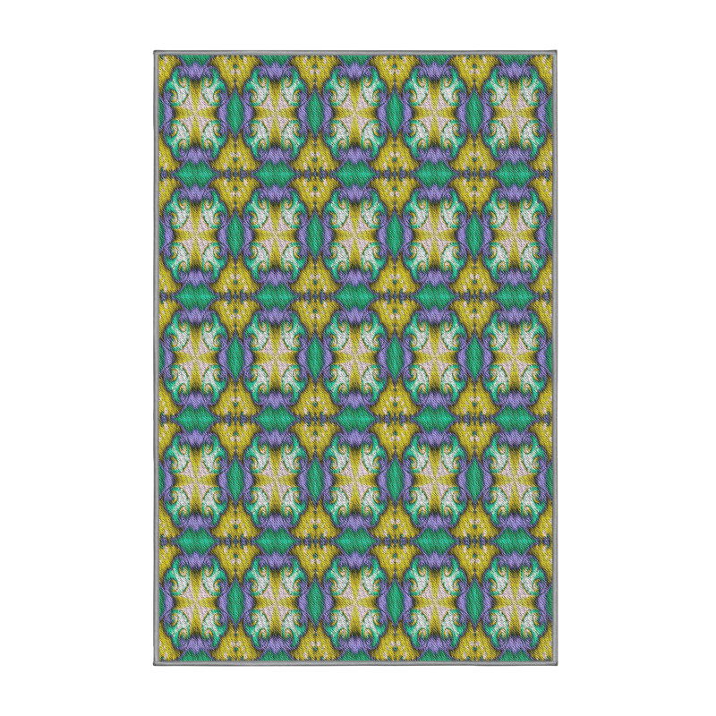 Tapis turquoise/jaune à motifs, Rectangle 5 pi x 8 pi