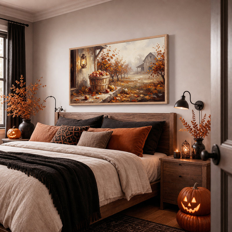 Panier de pommes rouges et de citrouilles - Tableau sur toile pour l'Halloween