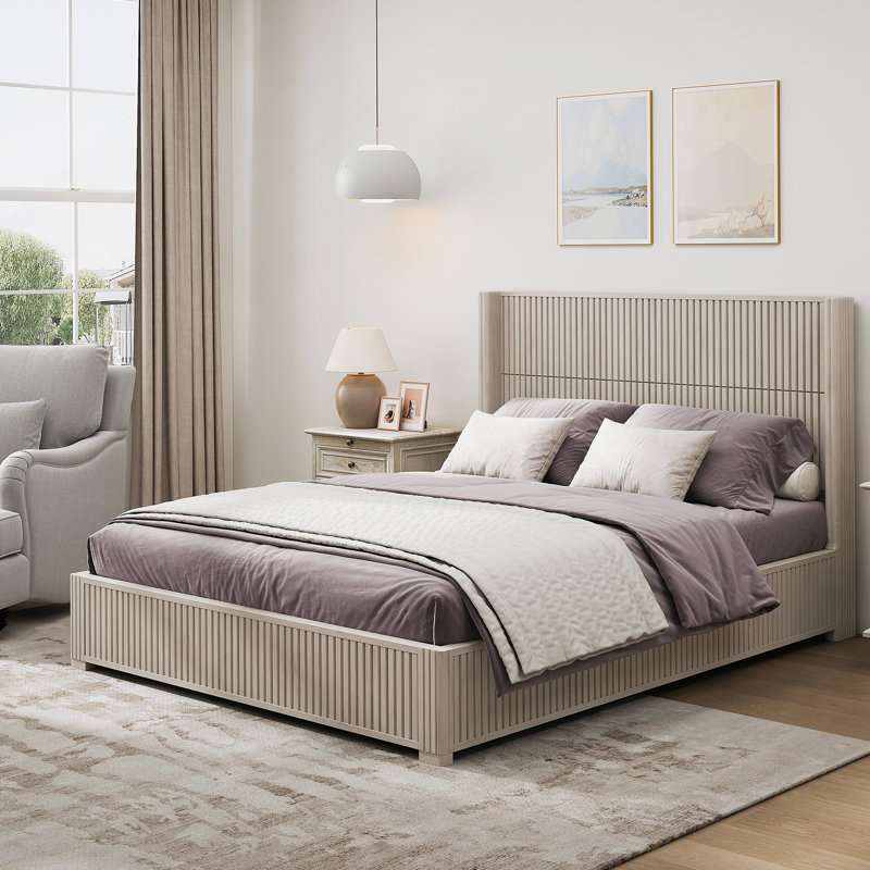 Structure de lit plateforme en bois avec tête de lit, Beige, Grand lit