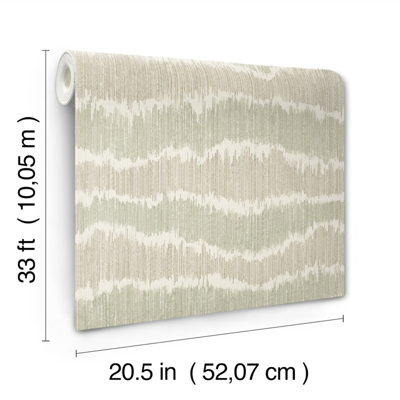 Papier peint à rayures ikat vert Wiggle, Natural/Green