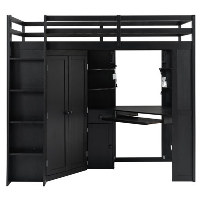 Lit mezzanine simple avec grande garde-robe et bureau intégrés, lit haut tout-en-un peu encombrant avec plateau à clavier coulissant, station de charge et double projecteur en métal - noir
