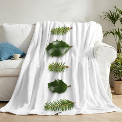 White Ultra Soft Flannel Fleece Throw Blanket,Pine Tree and Holly Berry Single-Sided Print