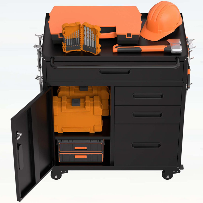 Armoire de rangement pour outils 34,3 pouces avec compartiment verrouillable et 4 tiroirs, coffre en acier pour atelier et garage