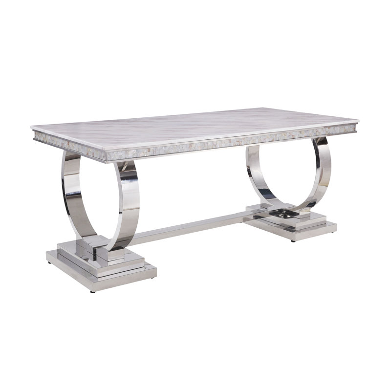 Edd Rectangular Dining Table in White and Mirrored Silver