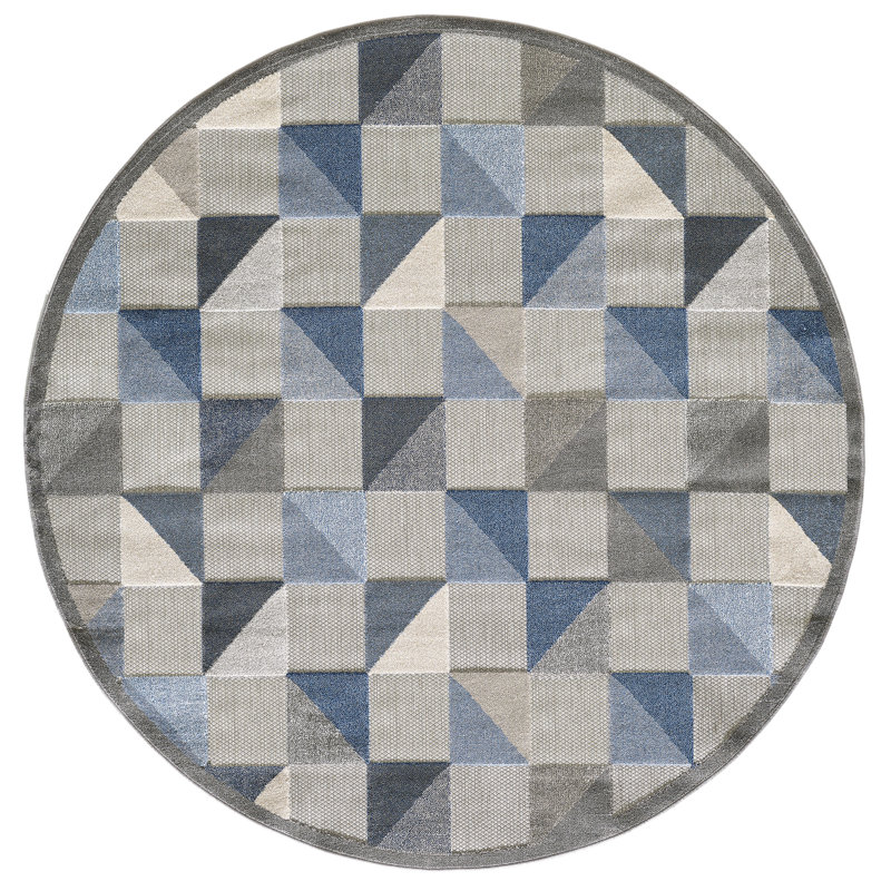 Tapis d'intérieur / extérieur à carreaux Hesselbein, Bleu, Rond 7 pi 10 po