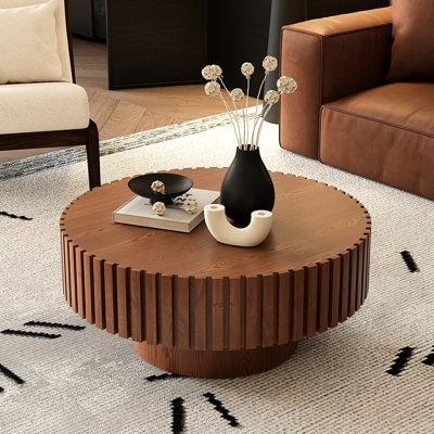 Table basse ronde moderne, table basse à piédestal en relief fabriquée à la main, table à thé en bois de forme olive pour le salon